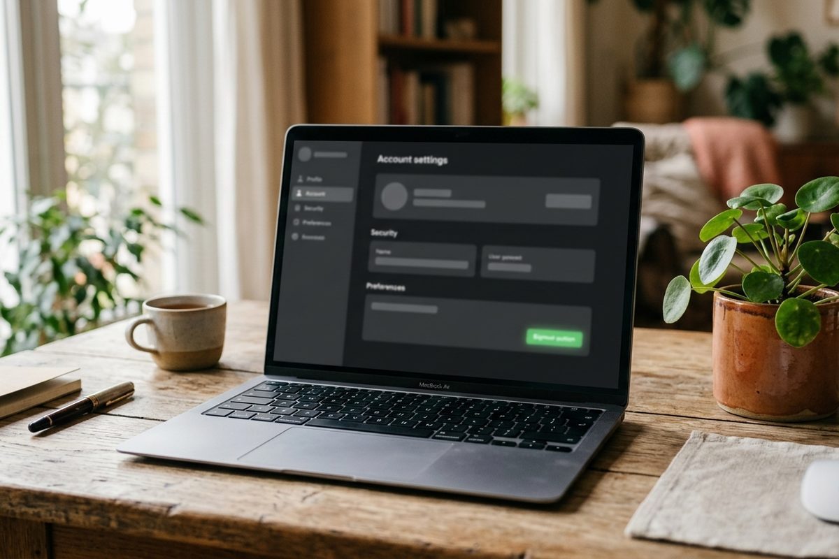 Bærbar computer på et skrivebord med en kontomenu på skærmen