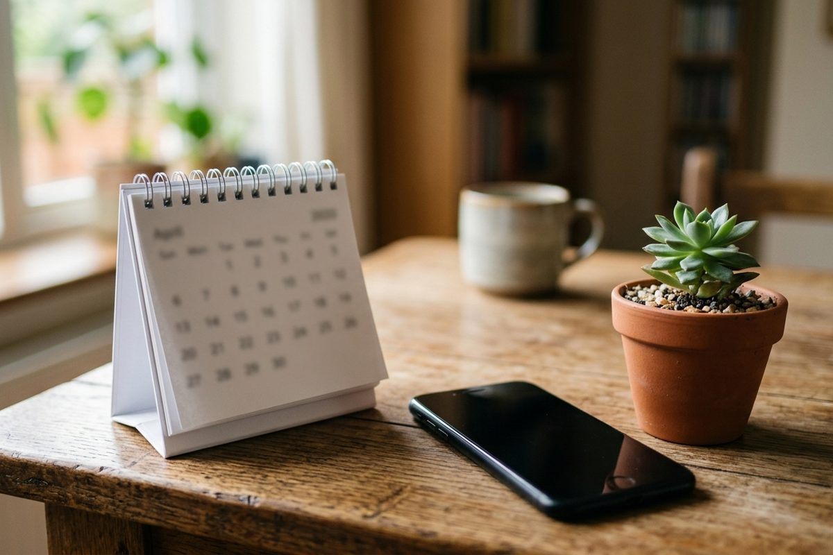 Bordkalender og smartphone på et træbord